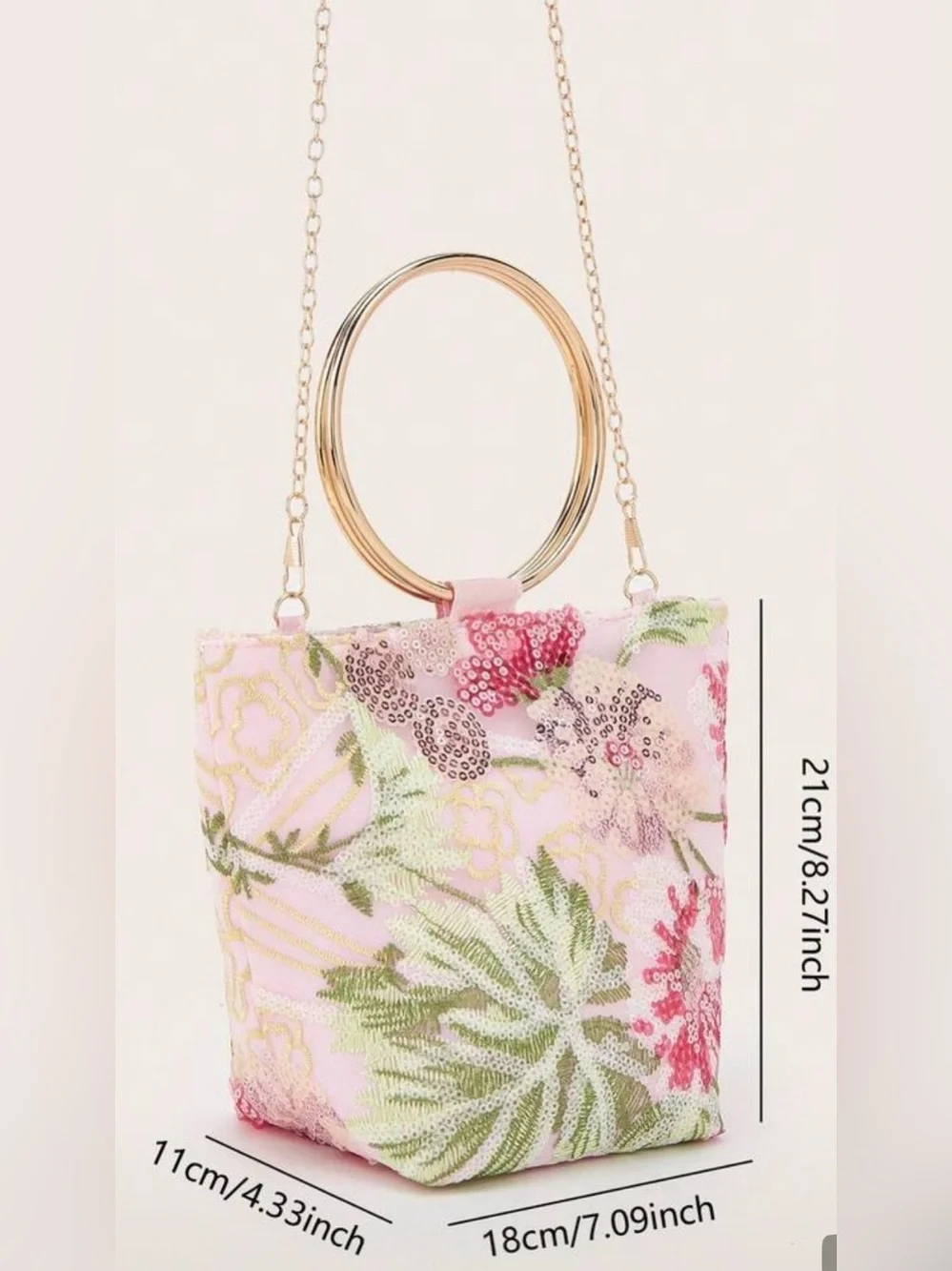 Pink Floral Sequin Ring-Handle Tote